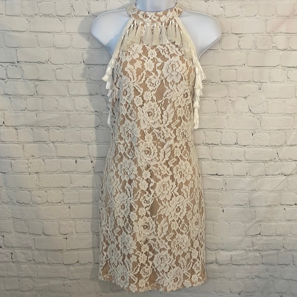 k. jordan Dresses & Skirts - Vici for K. Jordan white lace floral mini dress with tassels off shoulder